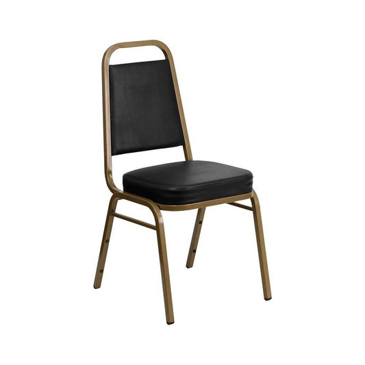 Trapezoidal Back Stacking Banquet Chair in Black Vinyl - Gold Frame