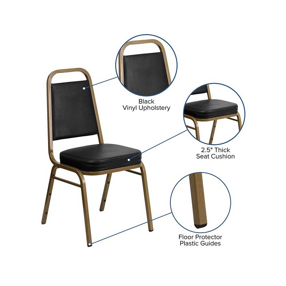 Trapezoidal Back Stacking Banquet Chair in Black Vinyl - Gold Frame