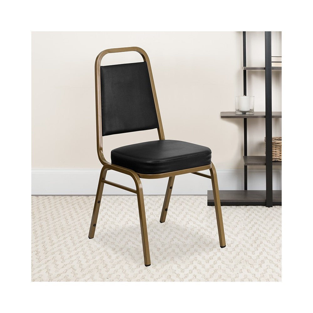 Trapezoidal Back Stacking Banquet Chair in Black Vinyl - Gold Frame