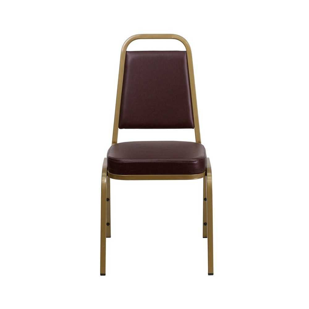 Trapezoidal Back Stacking Banquet Chair in Brown Vinyl - Gold Frame