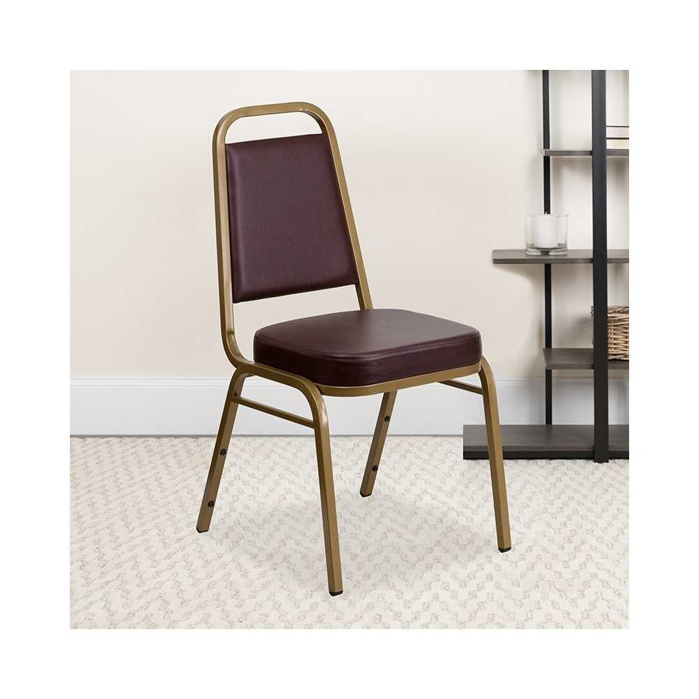 Trapezoidal Back Stacking Banquet Chair in Brown Vinyl - Gold Frame