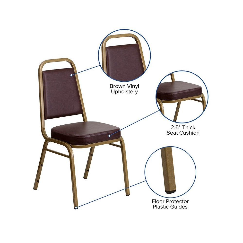 Trapezoidal Back Stacking Banquet Chair in Brown Vinyl - Gold Frame