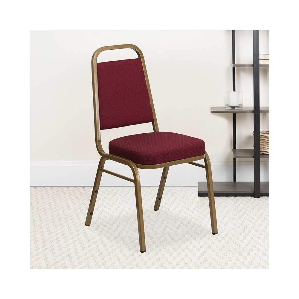 Trapezoidal Back Stacking Banquet Chair in Burgundy Patterned Fabric - Gold Frame