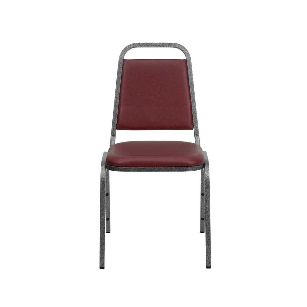 Trapezoidal Back Stacking Banquet Chair in Burgundy Vinyl - Silver Vein Frame