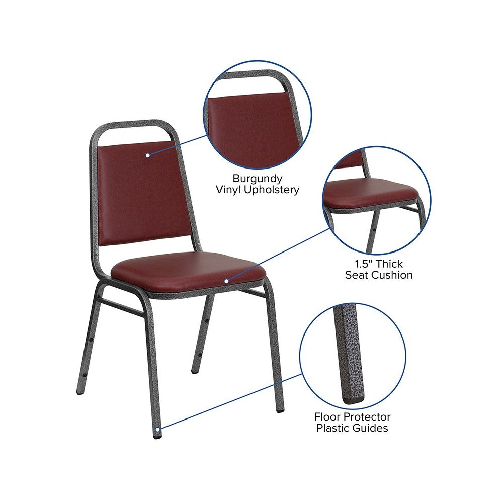 Trapezoidal Back Stacking Banquet Chair in Burgundy Vinyl - Silver Vein Frame