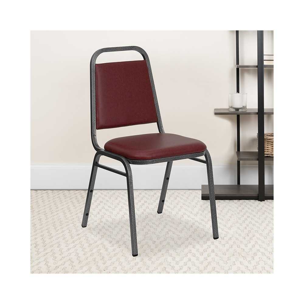 Trapezoidal Back Stacking Banquet Chair in Burgundy Vinyl - Silver Vein Frame