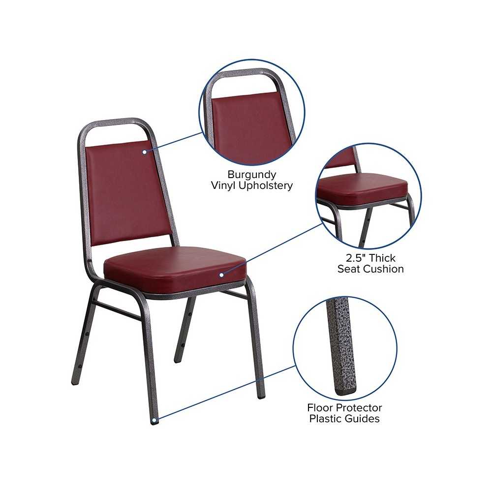 Trapezoidal Back Stacking Banquet Chair in Burgundy Vinyl - Silver Vein Frame