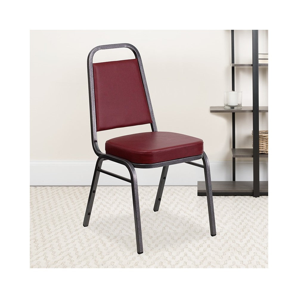 Trapezoidal Back Stacking Banquet Chair in Burgundy Vinyl - Silver Vein Frame