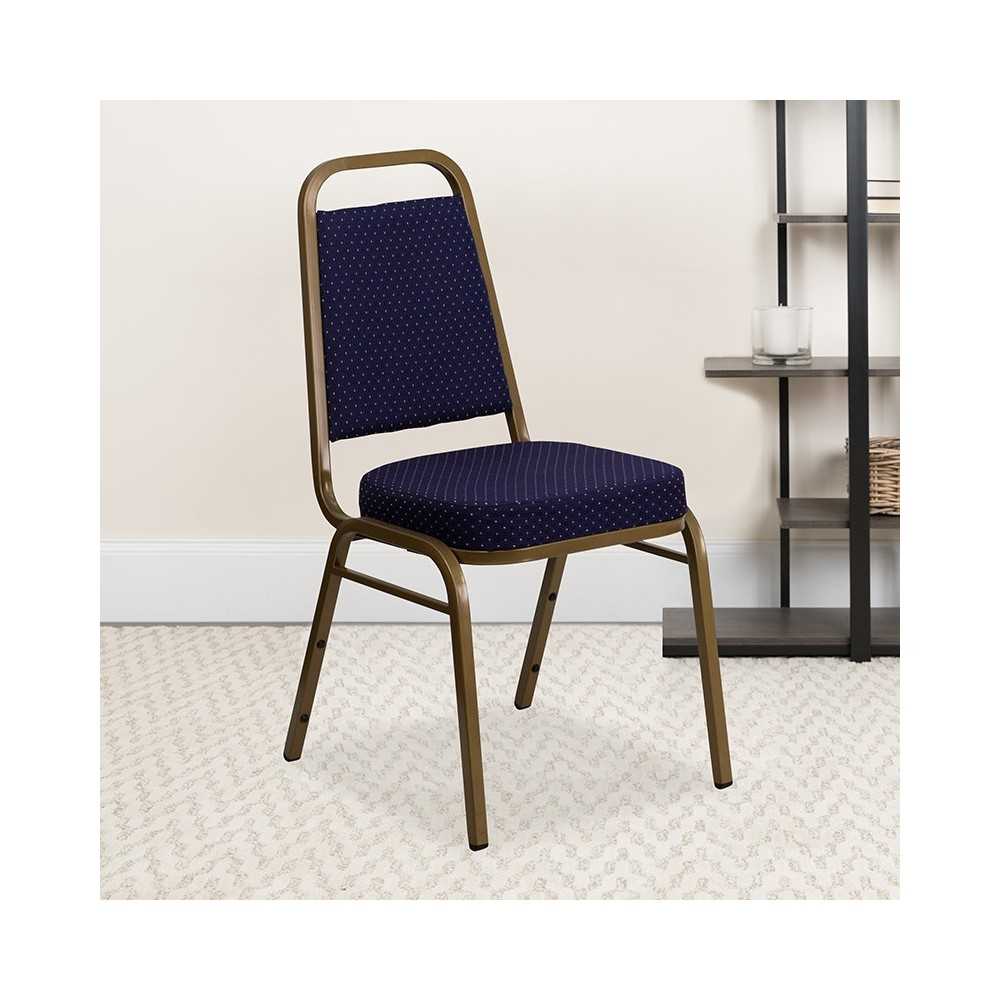 Trapezoidal Back Stacking Banquet Chair in Navy Patterned Fabric - Gold Frame