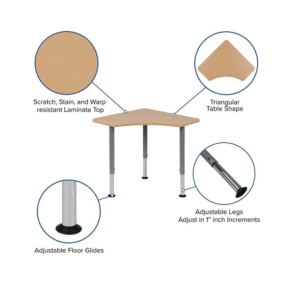 Triangular Natural Collaborative Student Desk (Adjustable from 22.3" to 34") - Home and Classroom