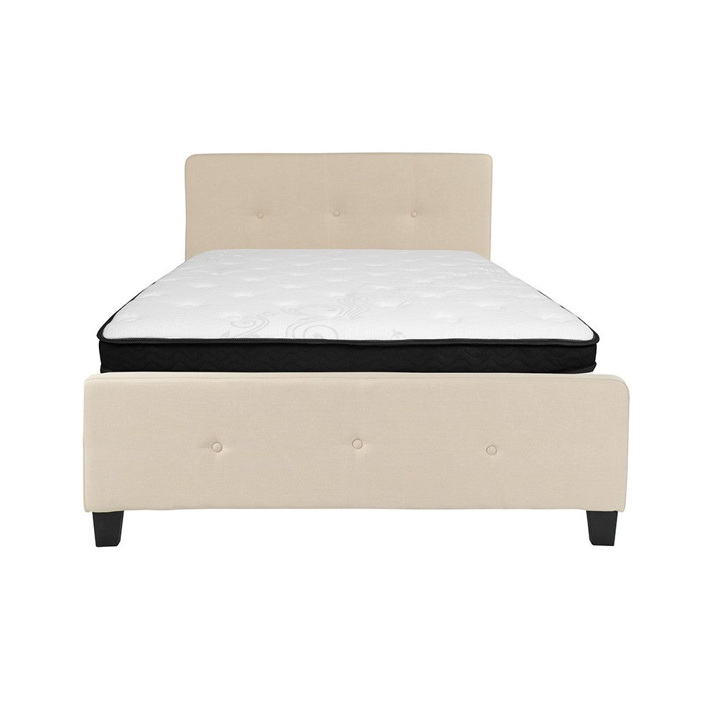 Tribeca Full Size Tufted Upholstered Platform Bed in Beige Fabric with Memory Foam Mattress