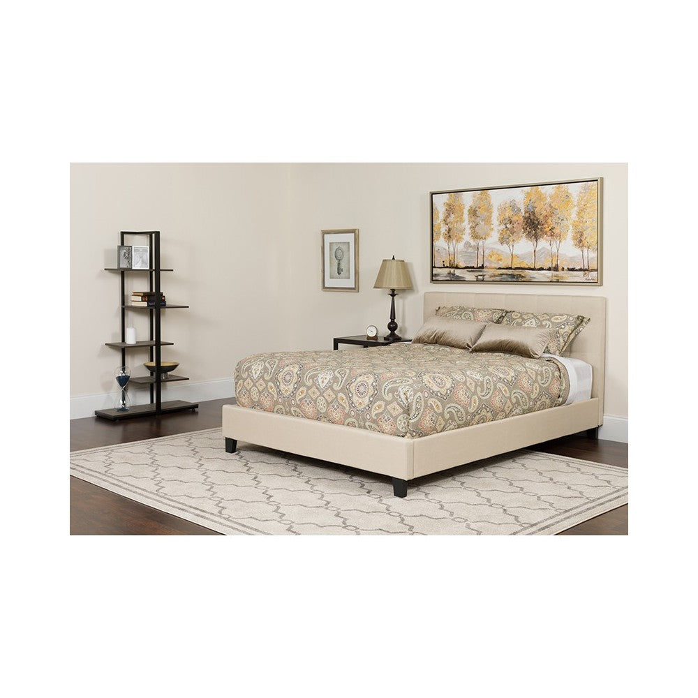 Tribeca Full Size Tufted Upholstered Platform Bed in Beige Fabric with Memory Foam Mattress