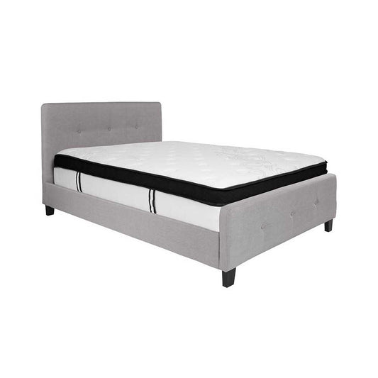 Tribeca Full Size Tufted Upholstered Platform Bed in Light Gray Fabric with Memory Foam Mattress