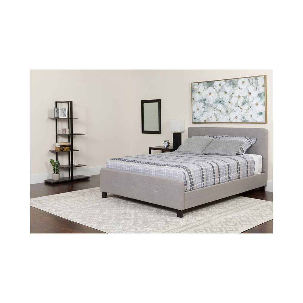 Tribeca Full Size Tufted Upholstered Platform Bed in Light Gray Fabric with Pocket Spring Mattress