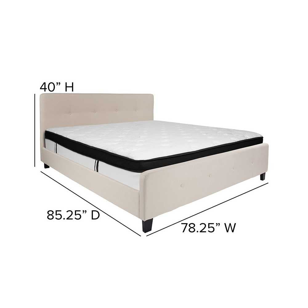 Tribeca King Size Tufted Upholstered Platform Bed in Beige Fabric with Memory Foam Mattress