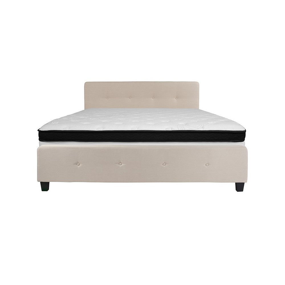 Tribeca King Size Tufted Upholstered Platform Bed in Beige Fabric with Memory Foam Mattress