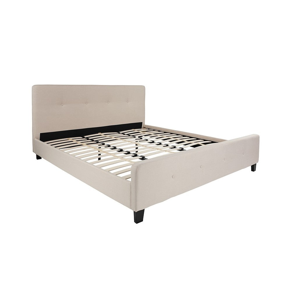 Tribeca King Size Tufted Upholstered Platform Bed in Beige Fabric