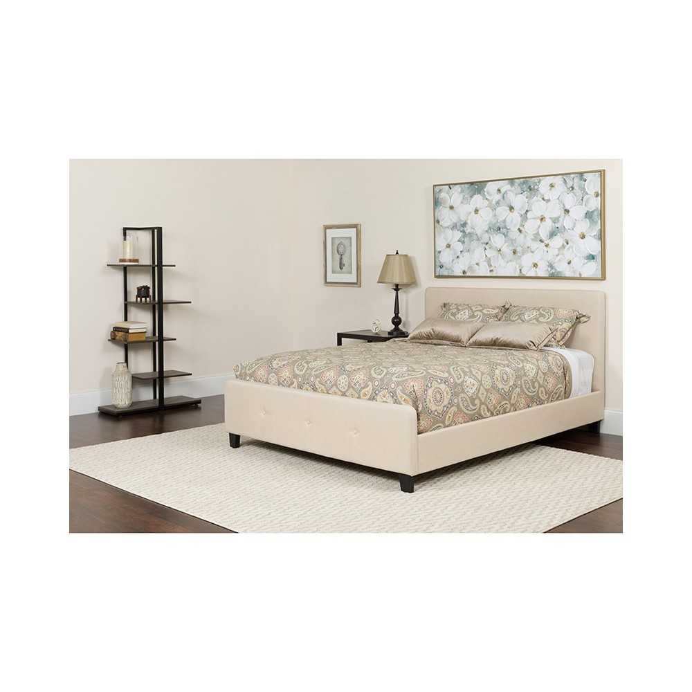 Tribeca King Size Tufted Upholstered Platform Bed in Beige Fabric