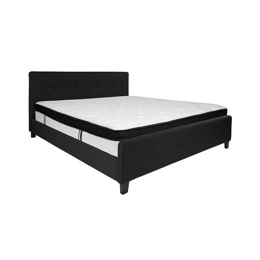 Tribeca King Size Tufted Upholstered Platform Bed in Black Fabric with Memory Foam Mattress