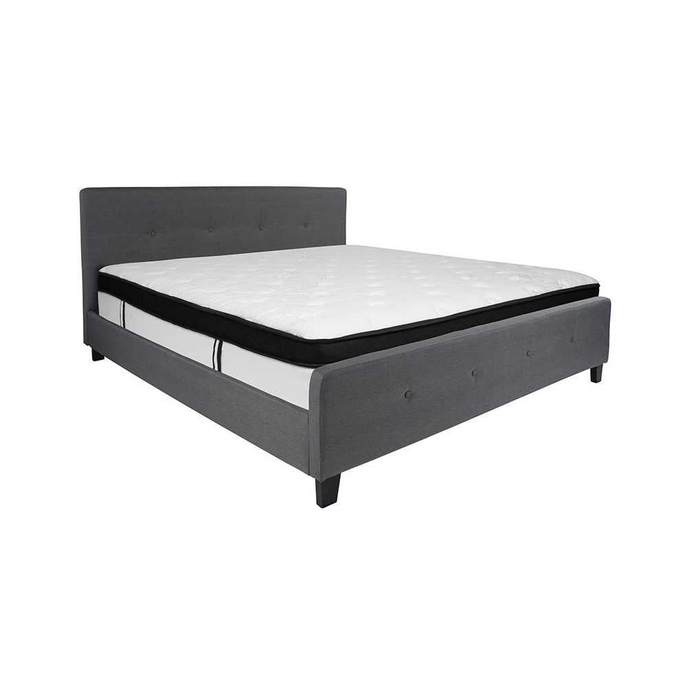 Tribeca King Size Tufted Upholstered Platform Bed in Dark Gray Fabric with Memory Foam Mattress