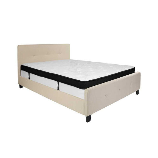 Tribeca Queen Size Tufted Upholstered Platform Bed in Beige Fabric with Memory Foam Mattress