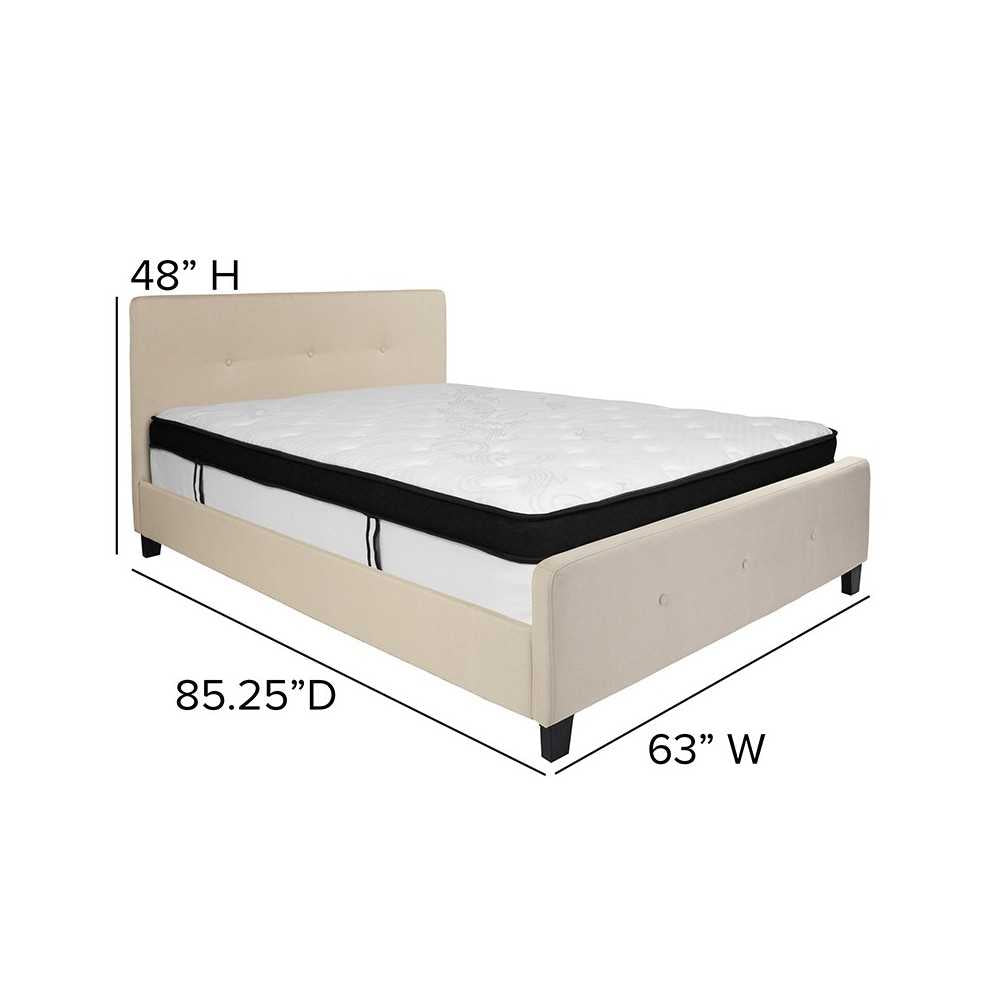 Tribeca Queen Size Tufted Upholstered Platform Bed in Beige Fabric with Memory Foam Mattress