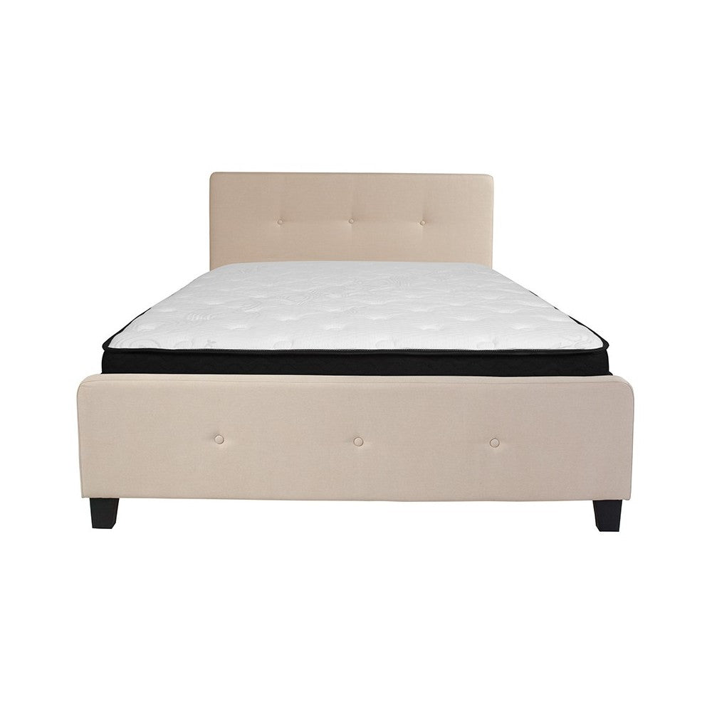 Tribeca Queen Size Tufted Upholstered Platform Bed in Beige Fabric with Memory Foam Mattress