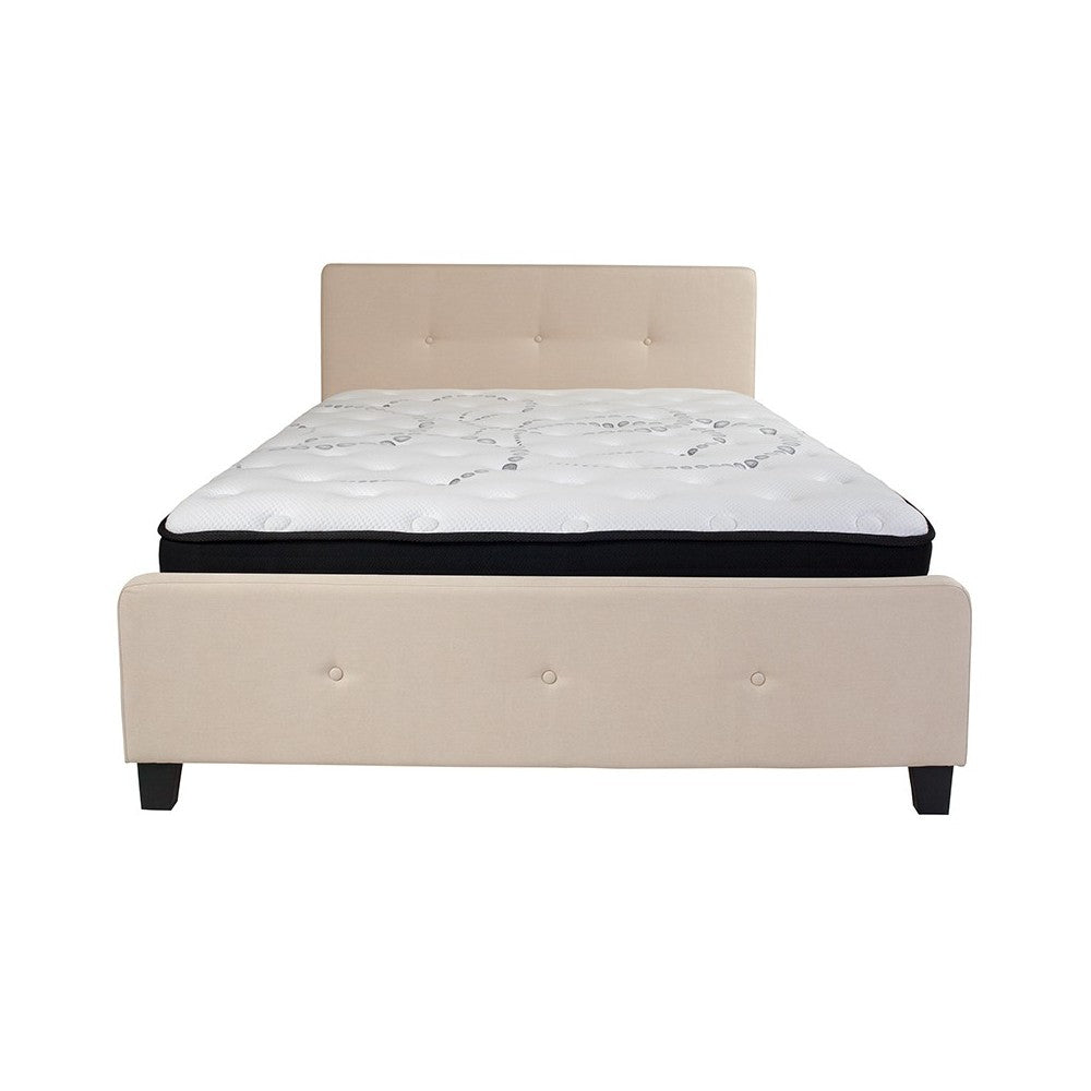 Tribeca Queen Size Tufted Upholstered Platform Bed in Beige Fabric with Pocket Spring Mattress