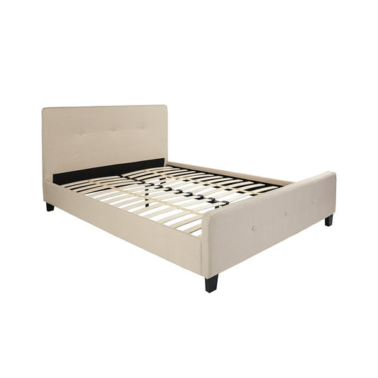 Tribeca Queen Size Tufted Upholstered Platform Bed in Beige Fabric