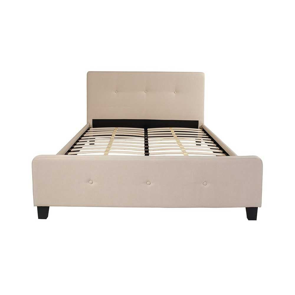 Tribeca Queen Size Tufted Upholstered Platform Bed in Beige Fabric