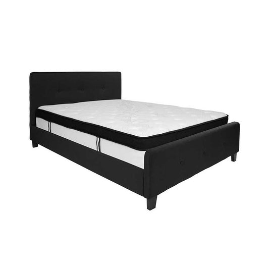 Tribeca Queen Size Tufted Upholstered Platform Bed in Black Fabric with Memory Foam Mattress