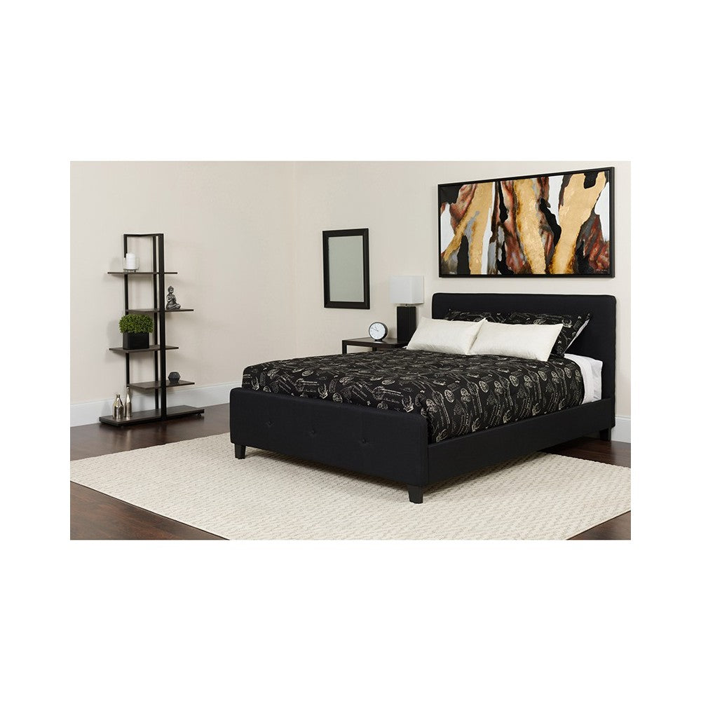 Tribeca Queen Size Tufted Upholstered Platform Bed in Black Fabric with Memory Foam Mattress