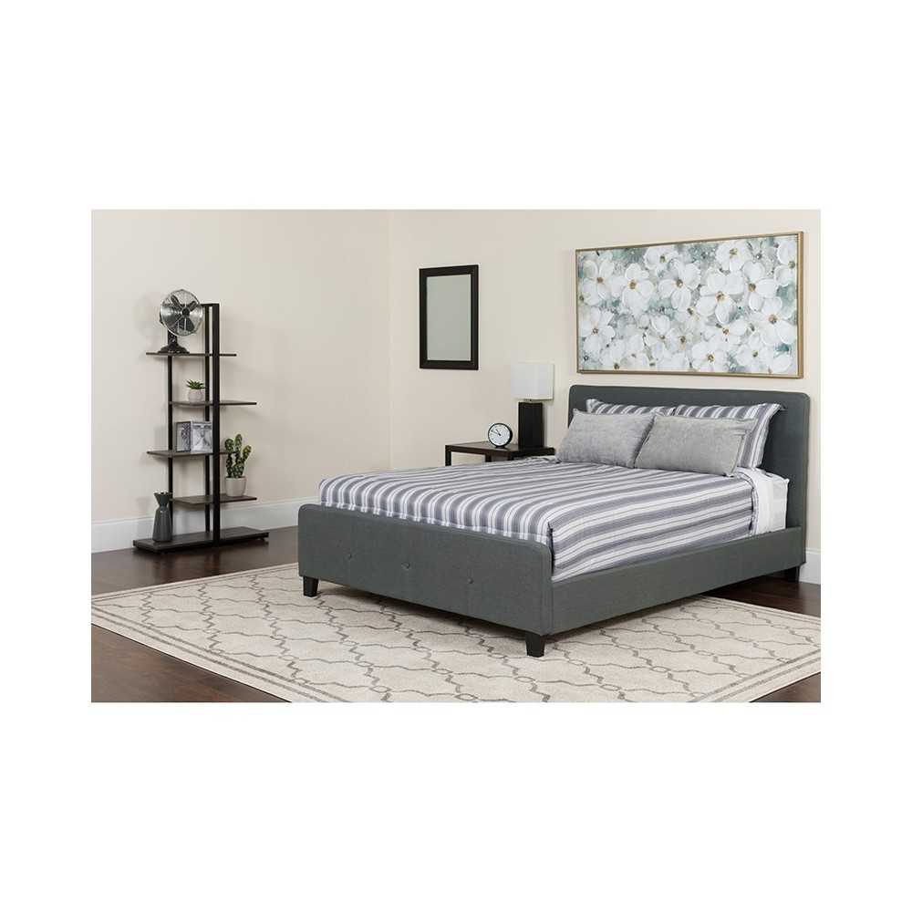 Tribeca Queen Size Tufted Upholstered Platform Bed in Dark Gray Fabric with Pocket Spring Mattress