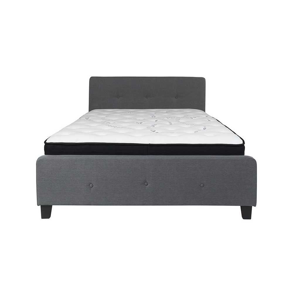 Tribeca Queen Size Tufted Upholstered Platform Bed in Dark Gray Fabric with Pocket Spring Mattress
