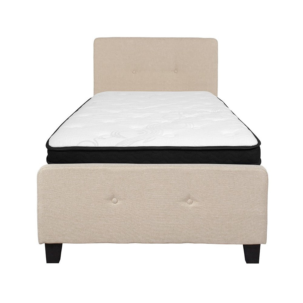 Tribeca Twin Size Tufted Upholstered Platform Bed in Beige Fabric with Memory Foam Mattress