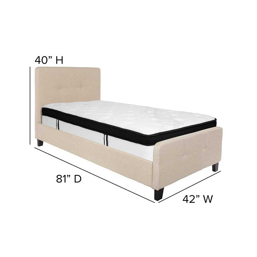 Tribeca Twin Size Tufted Upholstered Platform Bed in Beige Fabric with Memory Foam Mattress