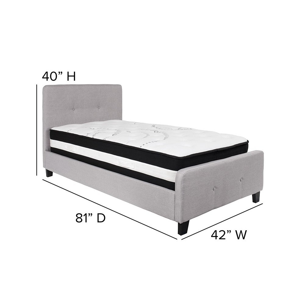 Tribeca Twin Size Tufted Upholstered Platform Bed in Light Gray Fabric with Pocket Spring Mattress