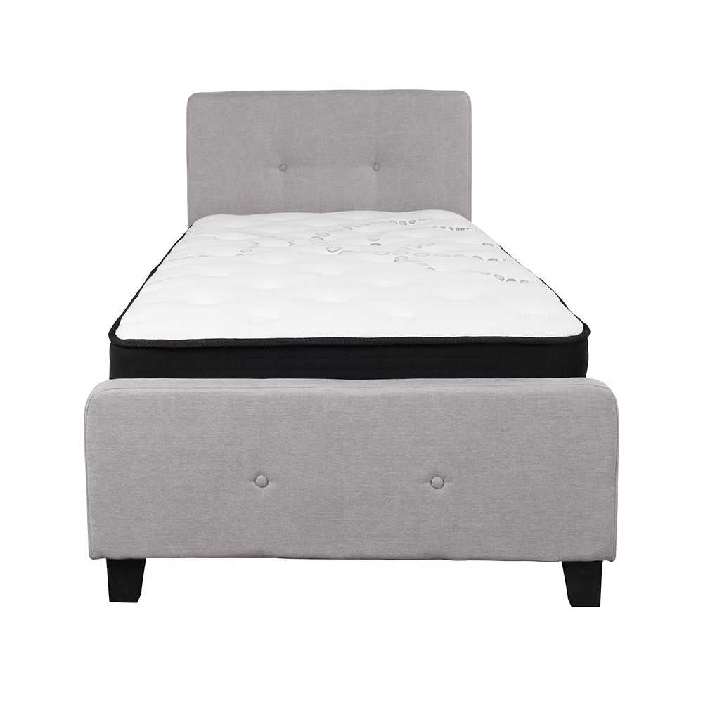 Tribeca Twin Size Tufted Upholstered Platform Bed in Light Gray Fabric with Pocket Spring Mattress