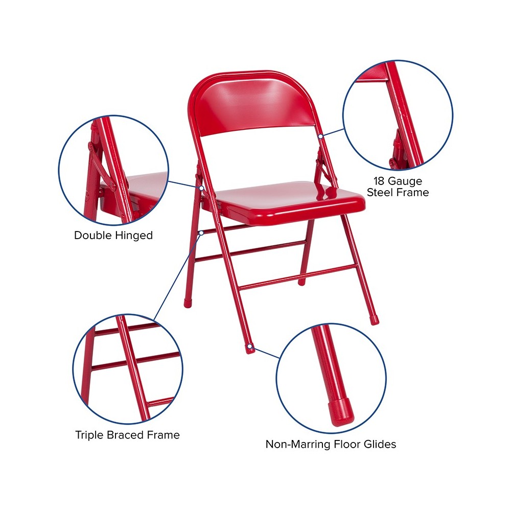 Triple Braced & Double Hinged Red Metal Folding Chair