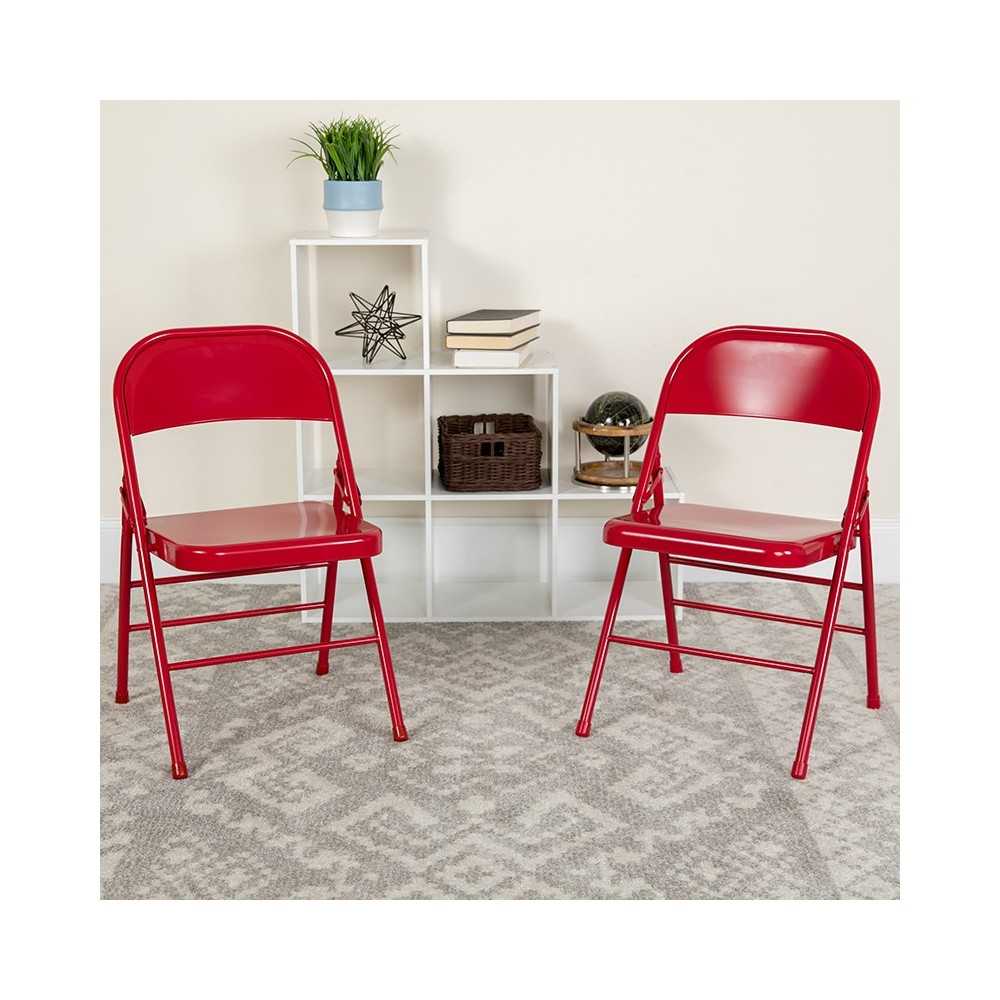 Triple Braced & Double Hinged Red Metal Folding Chair