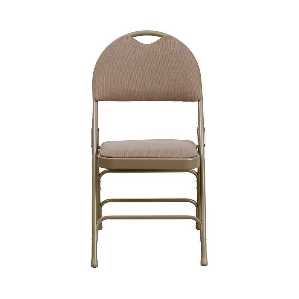 Ultra-Premium Triple Braced Beige Fabric Metal Folding Chair with Easy-Carry Handle