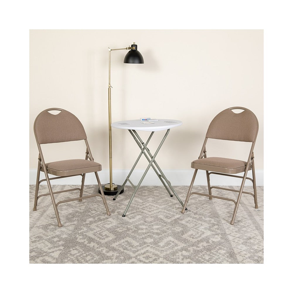 Ultra-Premium Triple Braced Beige Fabric Metal Folding Chair with Easy-Carry Handle