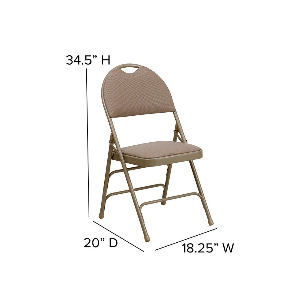Ultra-Premium Triple Braced Beige Fabric Metal Folding Chair with Easy-Carry Handle