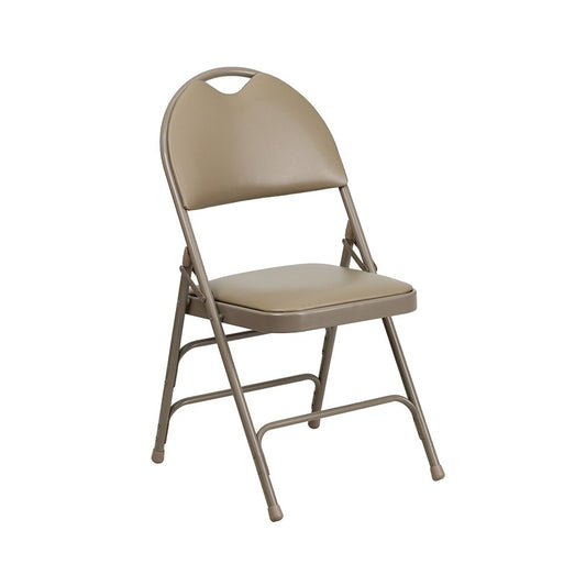 Ultra-Premium Triple Braced Beige Vinyl Metal Folding Chair with Easy-Carry Handle