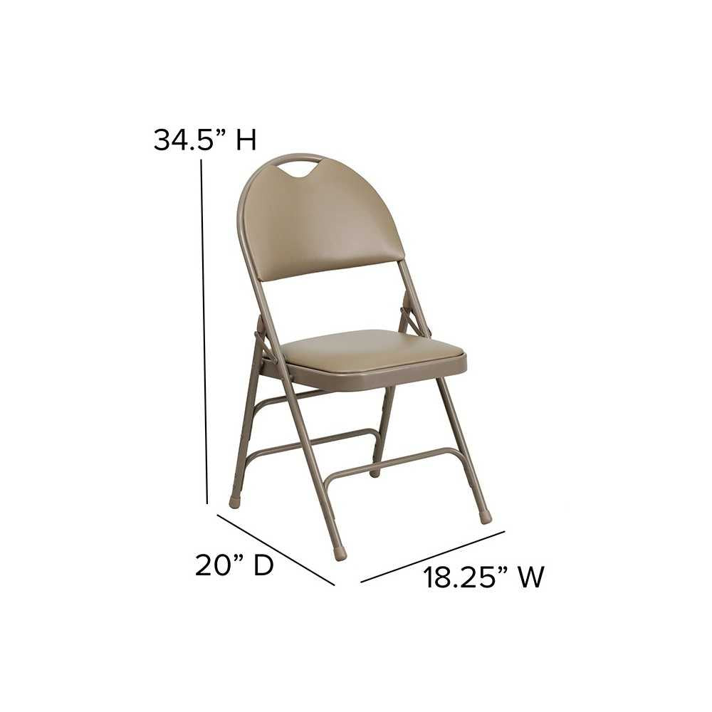 Ultra-Premium Triple Braced Beige Vinyl Metal Folding Chair with Easy-Carry Handle