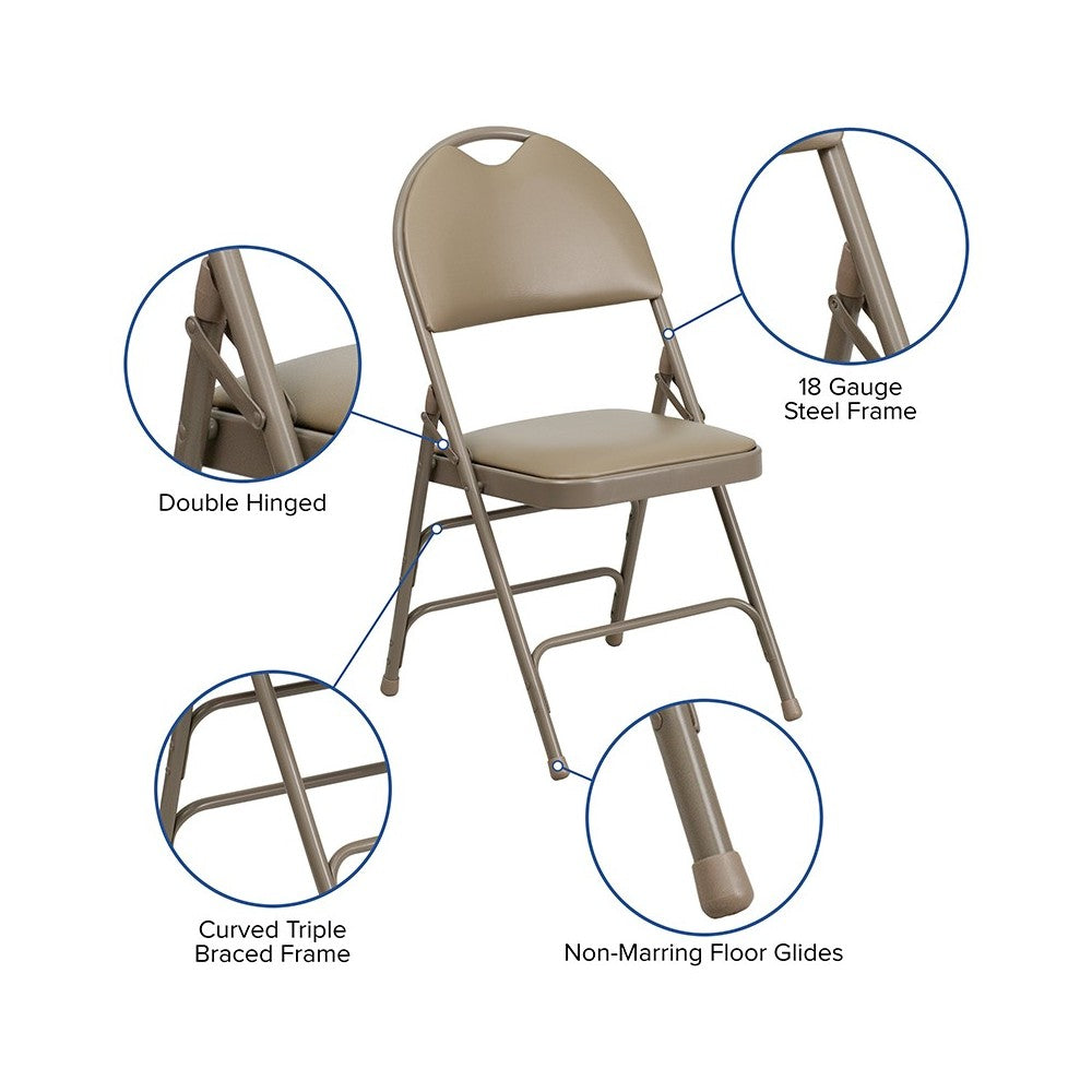 Ultra-Premium Triple Braced Beige Vinyl Metal Folding Chair with Easy-Carry Handle