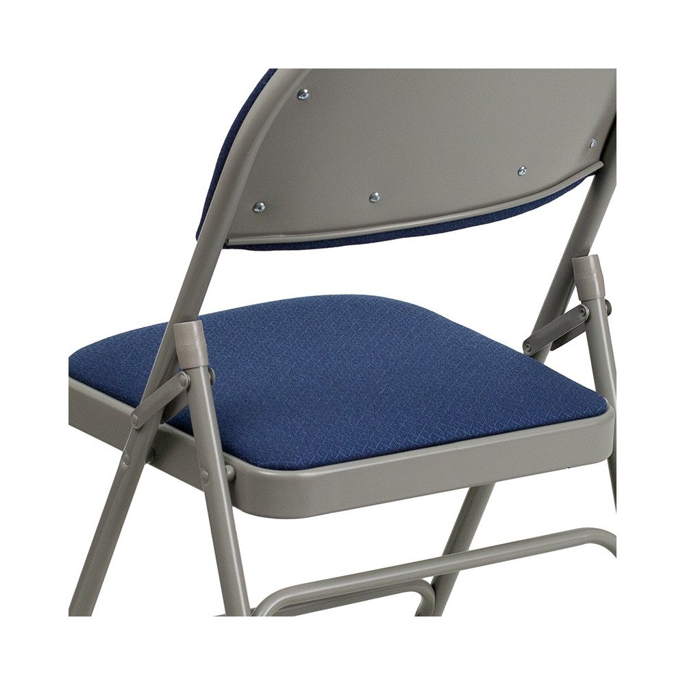 Ultra-Premium Triple Braced Navy Fabric Metal Folding Chair with Easy-Carry Handle