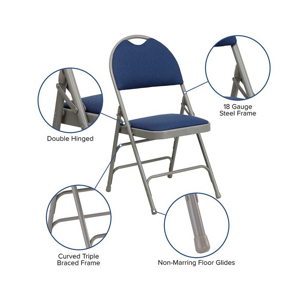 Ultra-Premium Triple Braced Navy Fabric Metal Folding Chair with Easy-Carry Handle