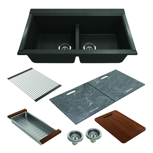 Undermount 33 in. Granite Composite Kitchen Sink with Integrated Workstation, Metallic Black, L