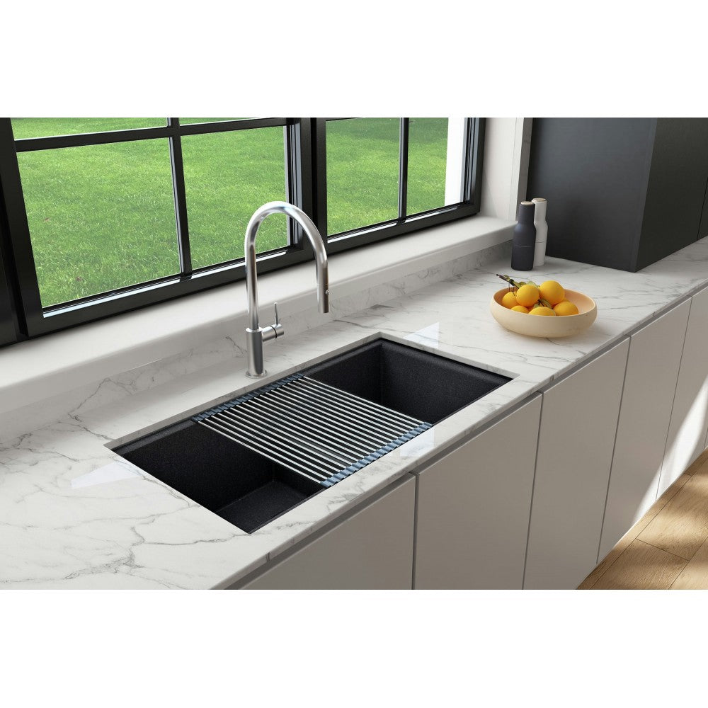 Undermount 33 in. Granite Composite Kitchen Sink with Integrated Workstation, Metallic Black, L